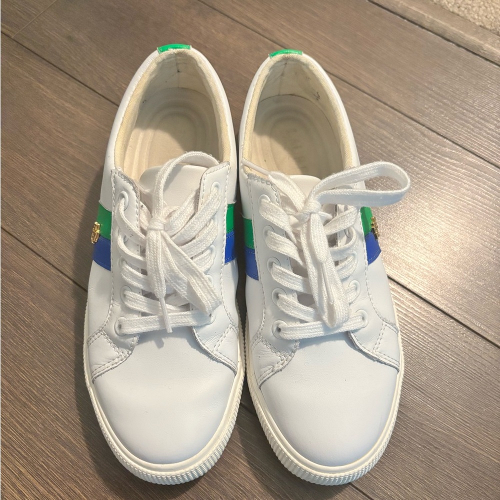 Polo by Ralph Lauren White Sneakers with Blue and Green Stripes
